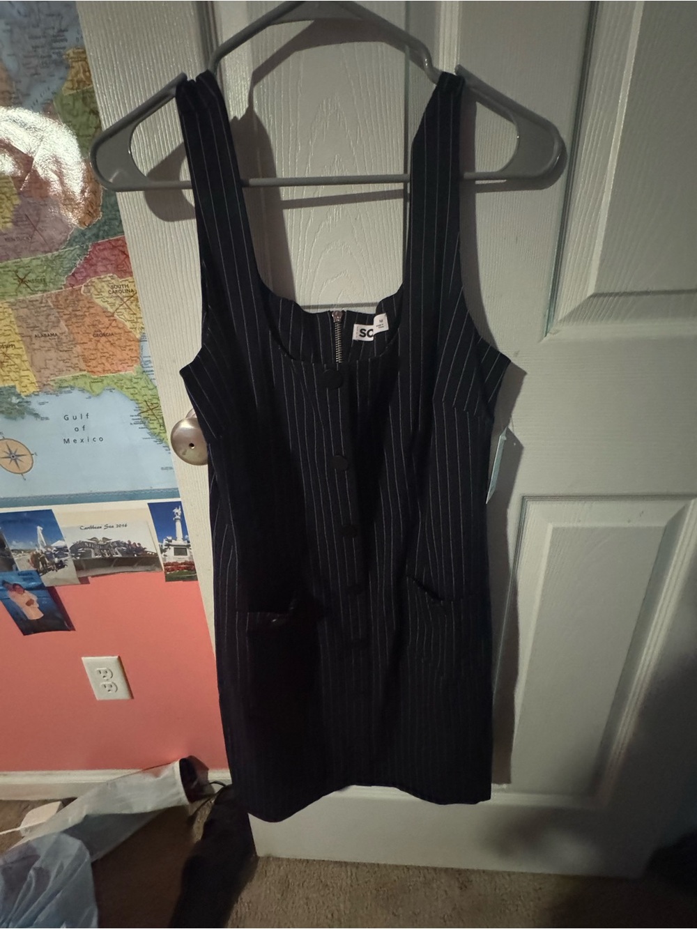 SO Black Pinstripe Pinafore Mini Dress